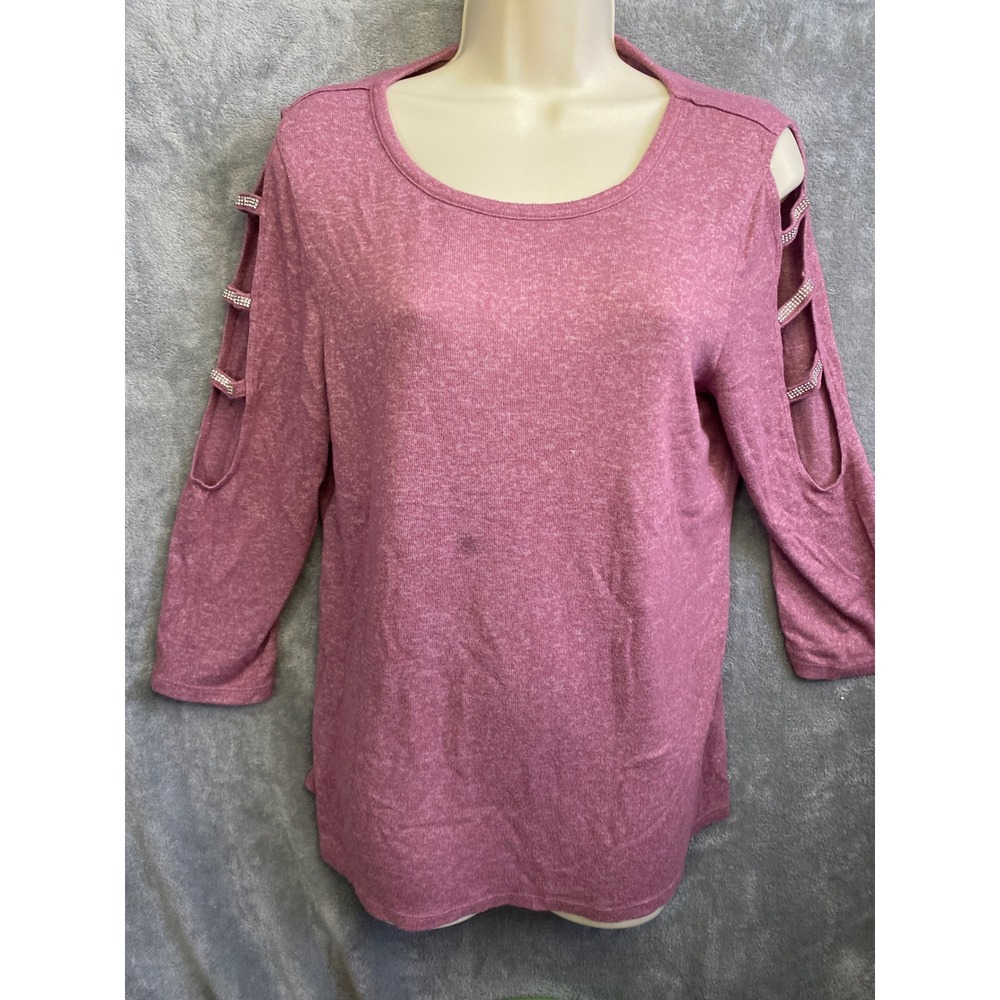 BYdesign Pink Cutout Shoulder‎ Rhinestone Sleeve Sweater Top Women's Medium